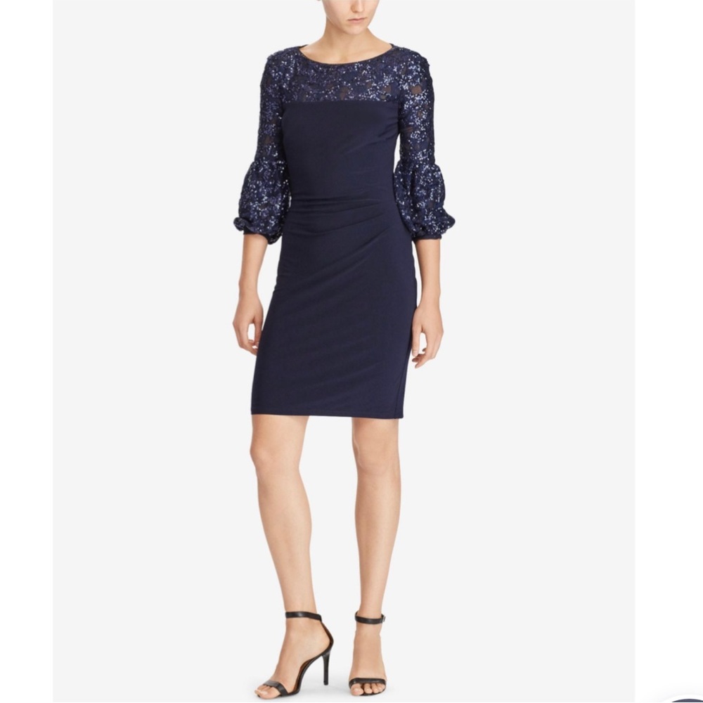 Ralph Lauren Navy Lace Sequin Jersey Bell Sleeve Boat Neck Cocktail Dress - 16